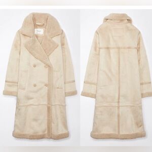 American Eagle double-breasted Vegan faux shearling coat light beige cream Sz L